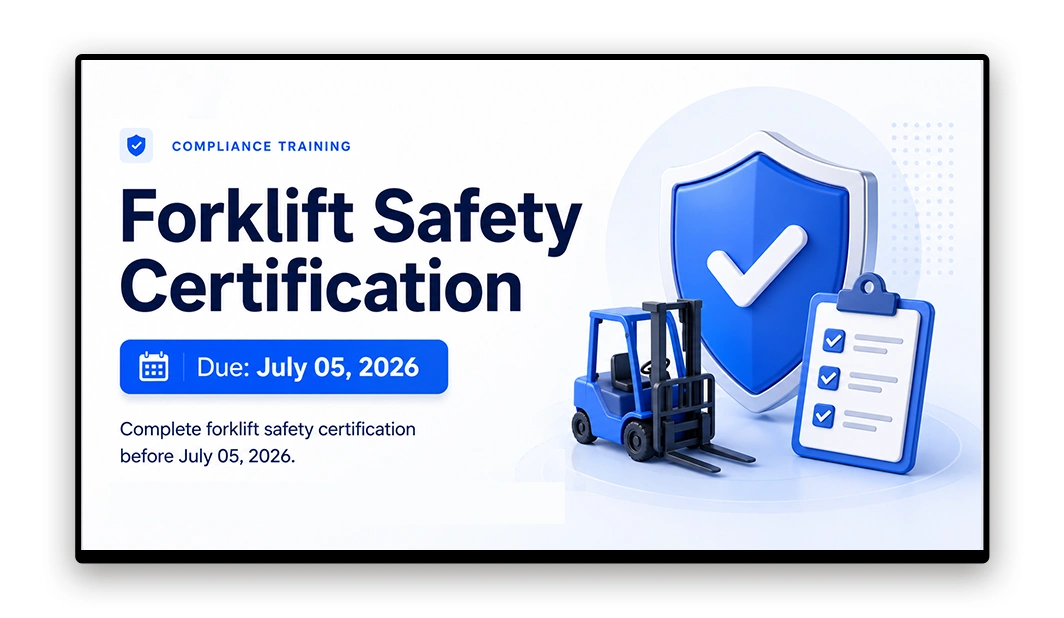 HR compliance training reminder on warehouse floor screen
